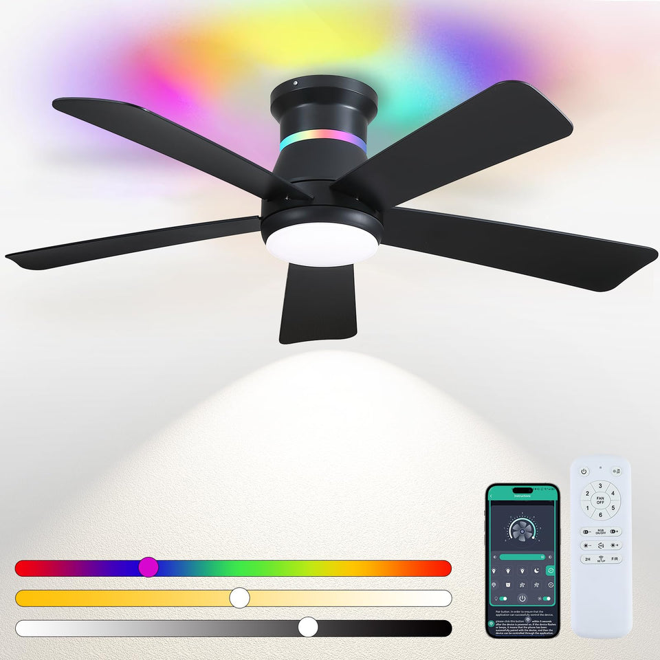 Surtime 46in black ceiling fan assembly showing a sleek flush-mount design for modern rooms.
