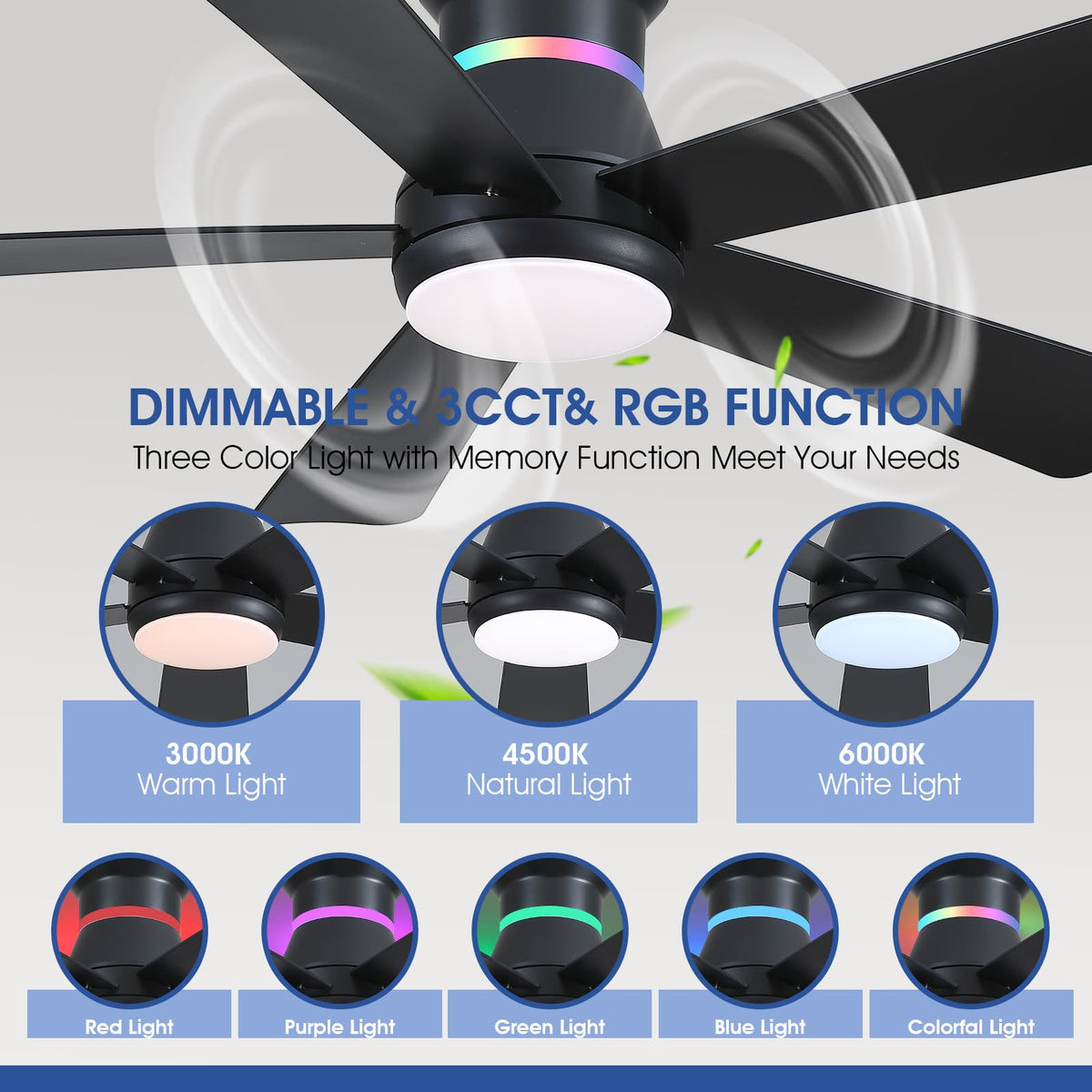 Surtime 46in black ceiling fan with LED RGB lights providing ambient color options.