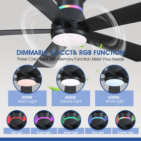 Surtime 46in black ceiling fan with LED RGB lights providing ambient color options.