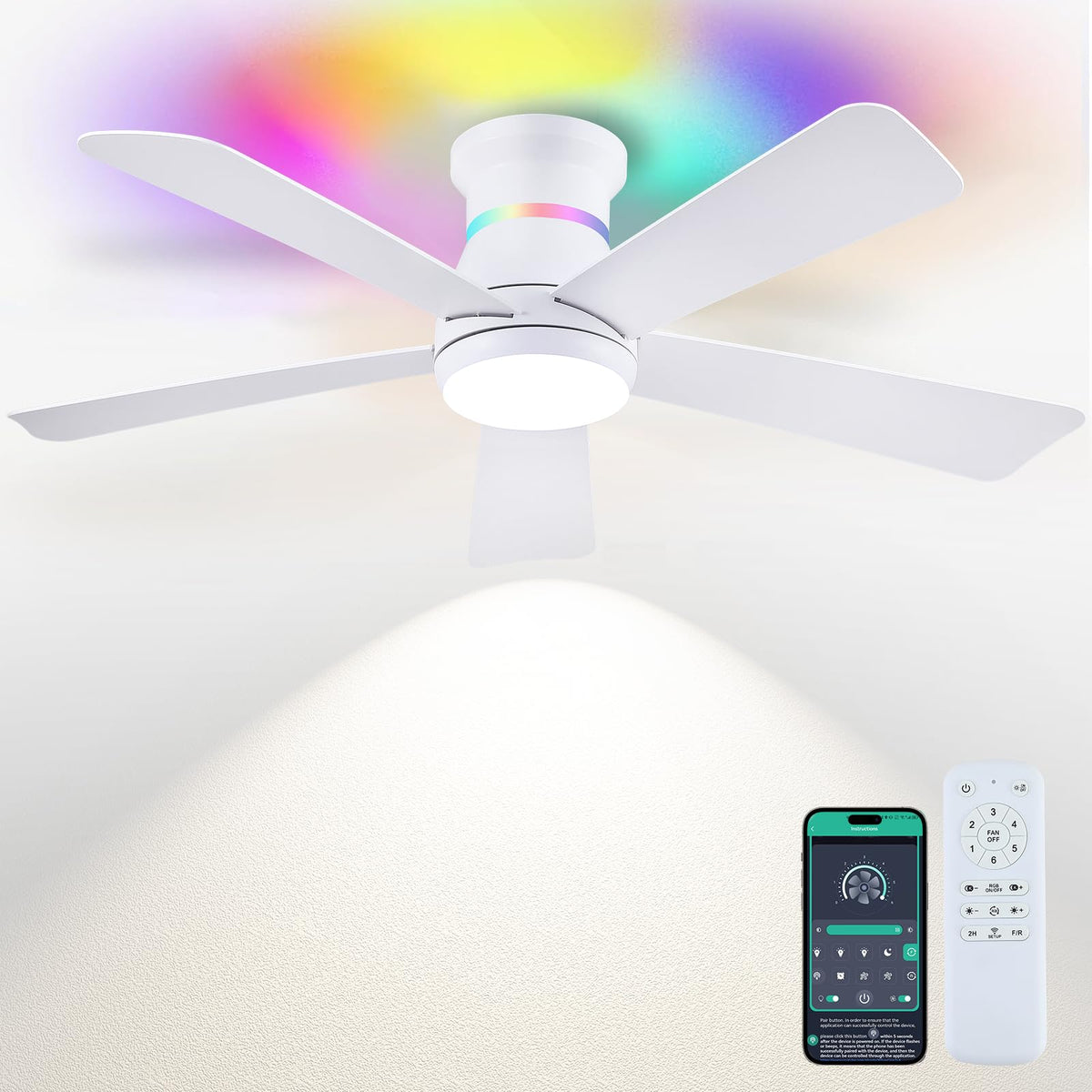 Surtime 46-inch white ceiling fan with RGB lights for customizable ambient color