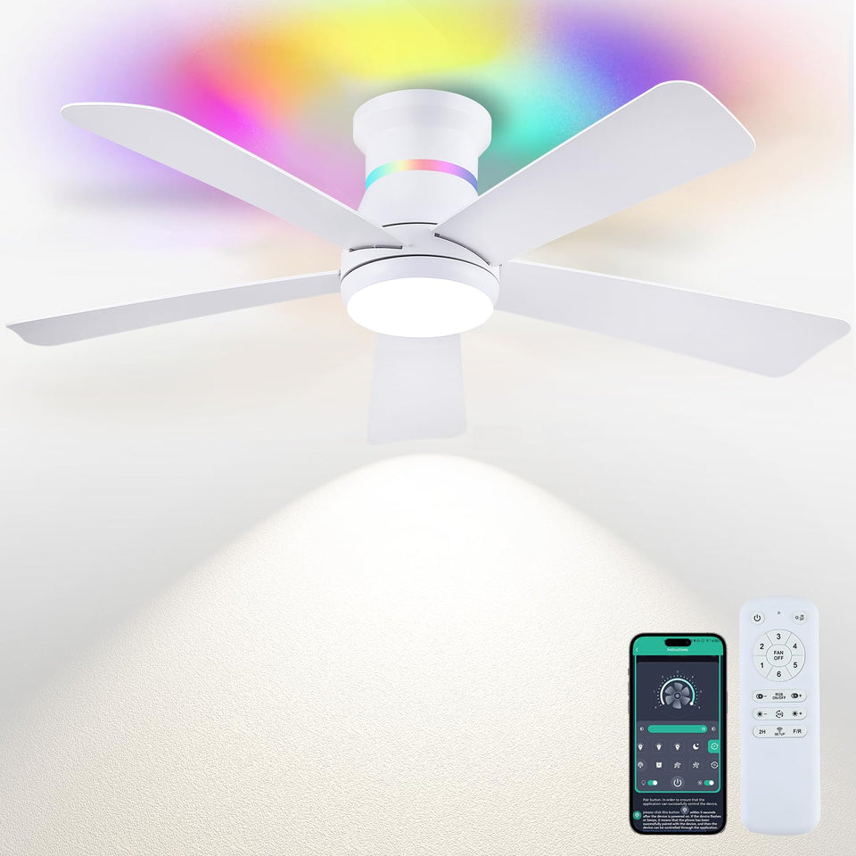 Surtime 46-inch white ceiling fan with RGB lights for customizable ambient color