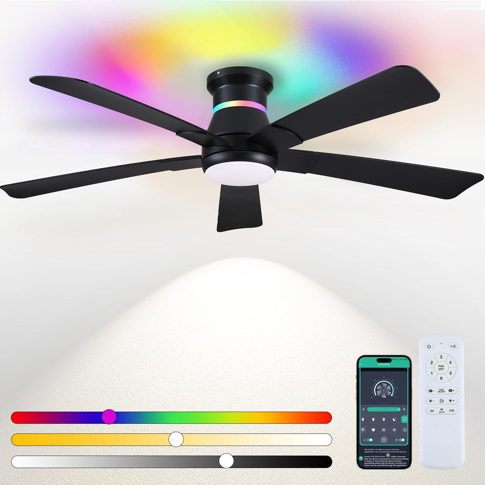 Surtime 52in black flush-mount ceiling fan with RGB LED for modern ambiance
