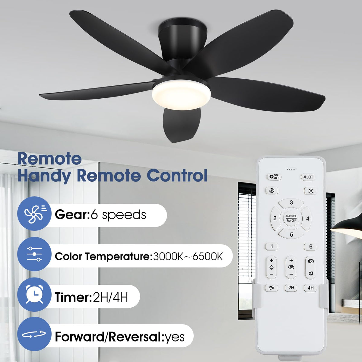 Surtime flush-mount ceiling fan saves ceiling space with sleek profile