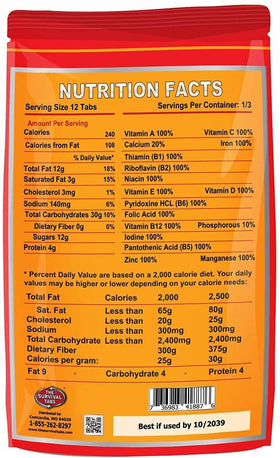 The Survival Tabs chocolate flavor pouch showing compact 8-day supply for preparedness.