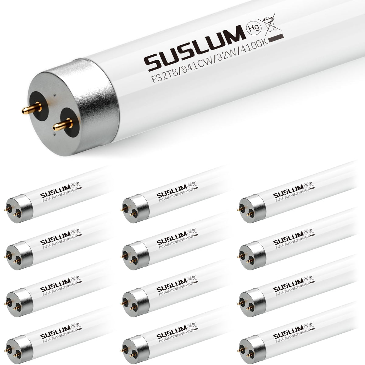 SUSLUM 12-pack F32T8 bulbs for efficient garage and office lighting.