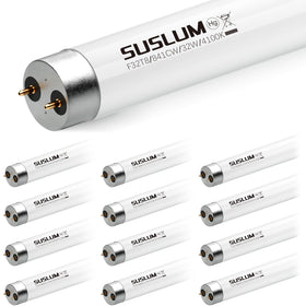 SUSLUM 12-pack F32T8 bulbs for efficient garage and office lighting.