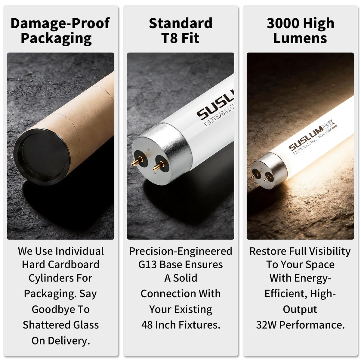 SUSLUM G13 base T8 bulb with 360-degree beam.