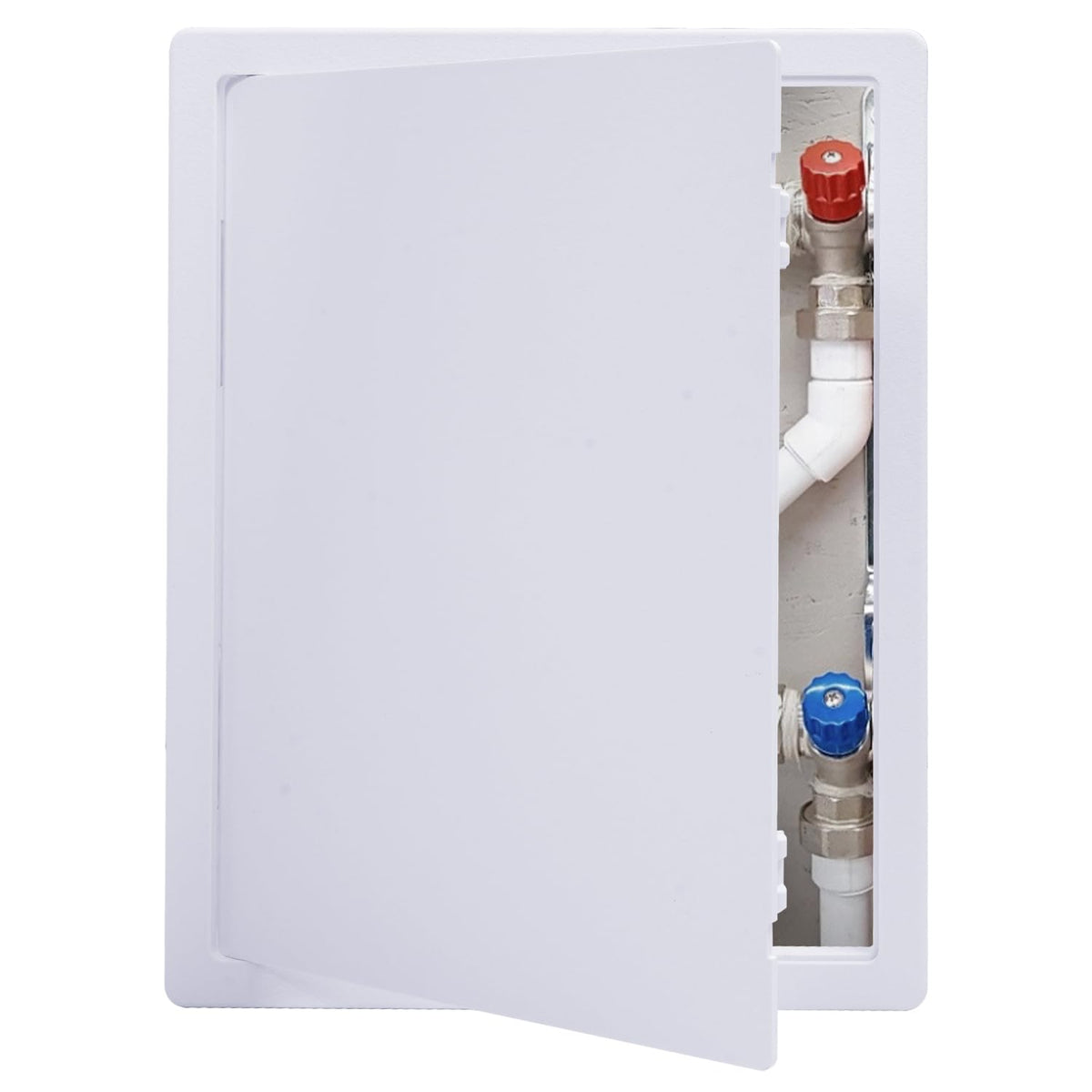 Suteck plumbing access panel in drywall ceiling showing easy plumbing access