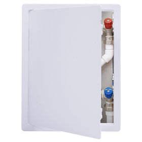 Suteck plumbing access panel in drywall ceiling showing easy plumbing access