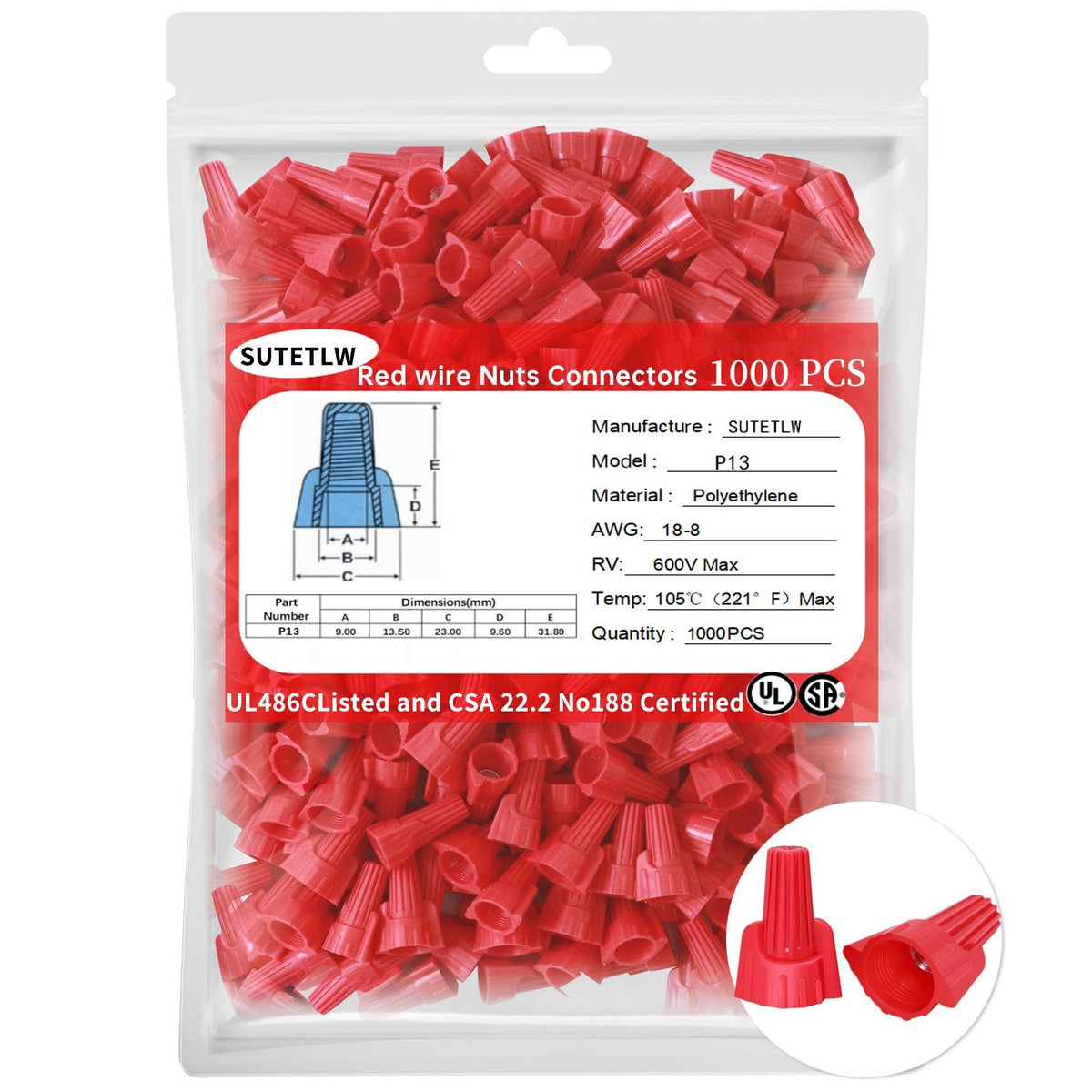 SUTETLW red winged wire connectors 1000pcs for fast, secure connections