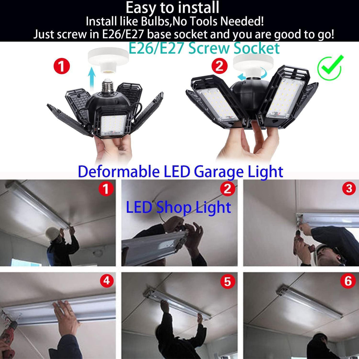 suyncyi garage light with E26/E27 base for easy, tool-free installation.