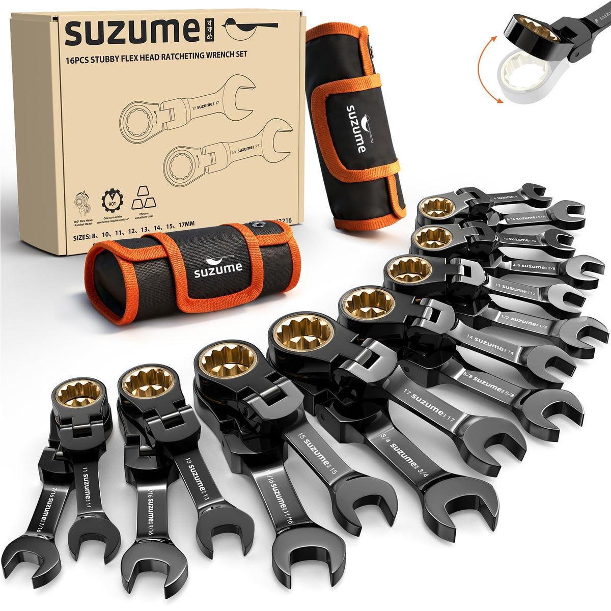 SUZUME Stubby Wrench with 180 flex head reaching tight engine bays