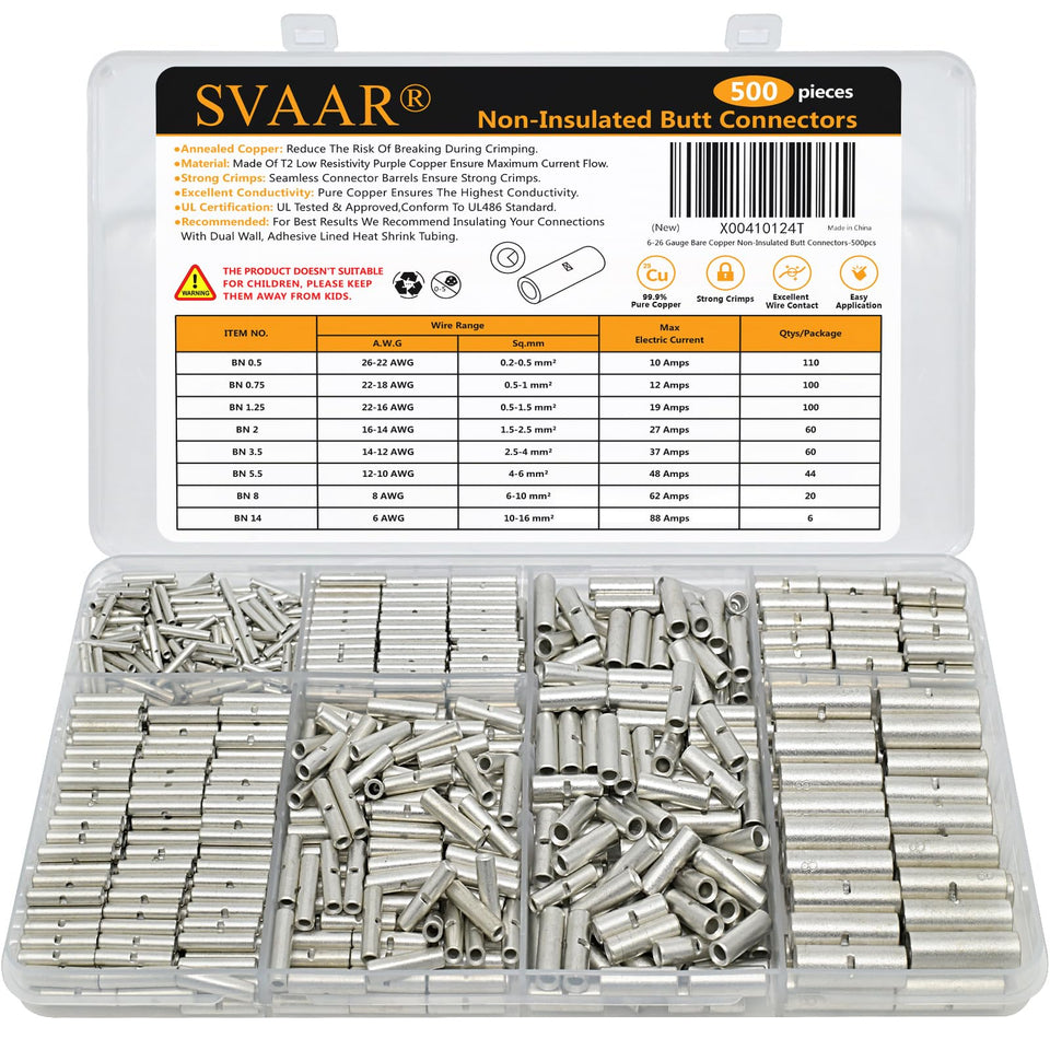 SVAAR 500pcs butt splice kit offers versatile gauge coverage for reliable wiring connections.