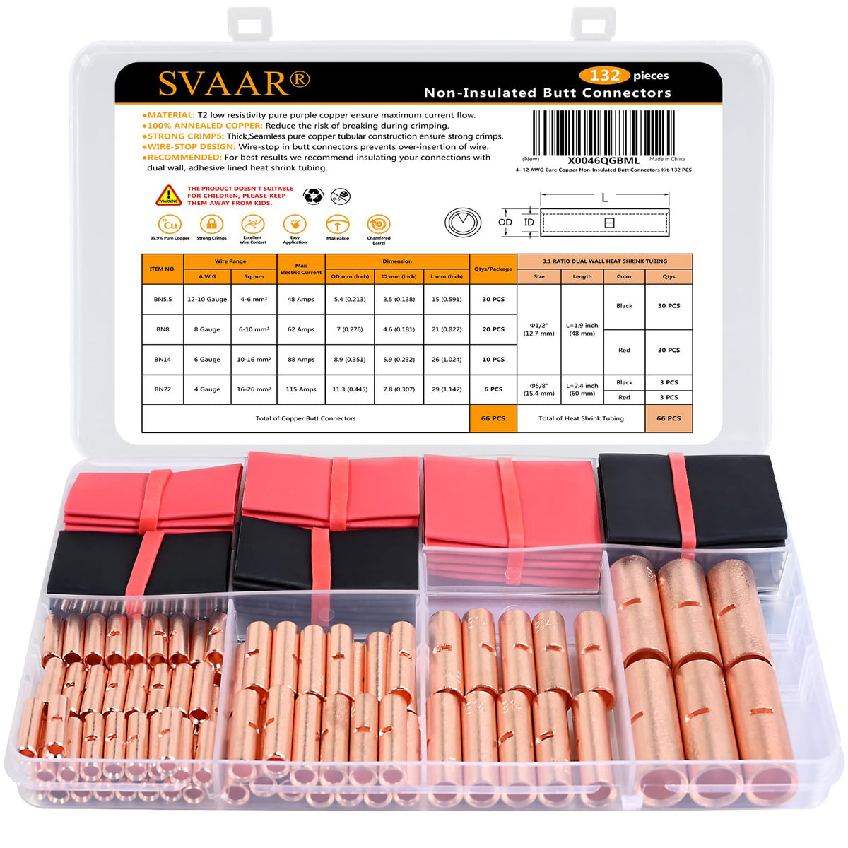 SVAAR butt connectors kit 132pcs full set for automotive and marine wiring