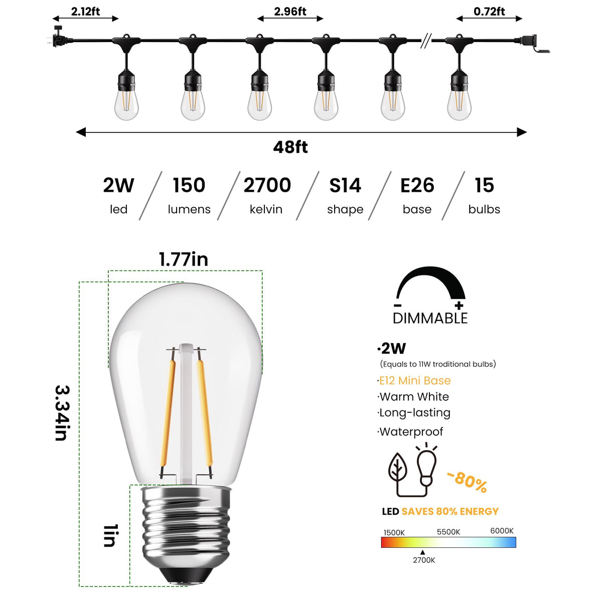 Svater 15 Edison shatterproof bulbs provide bright, uniform light across outdoor spaces.