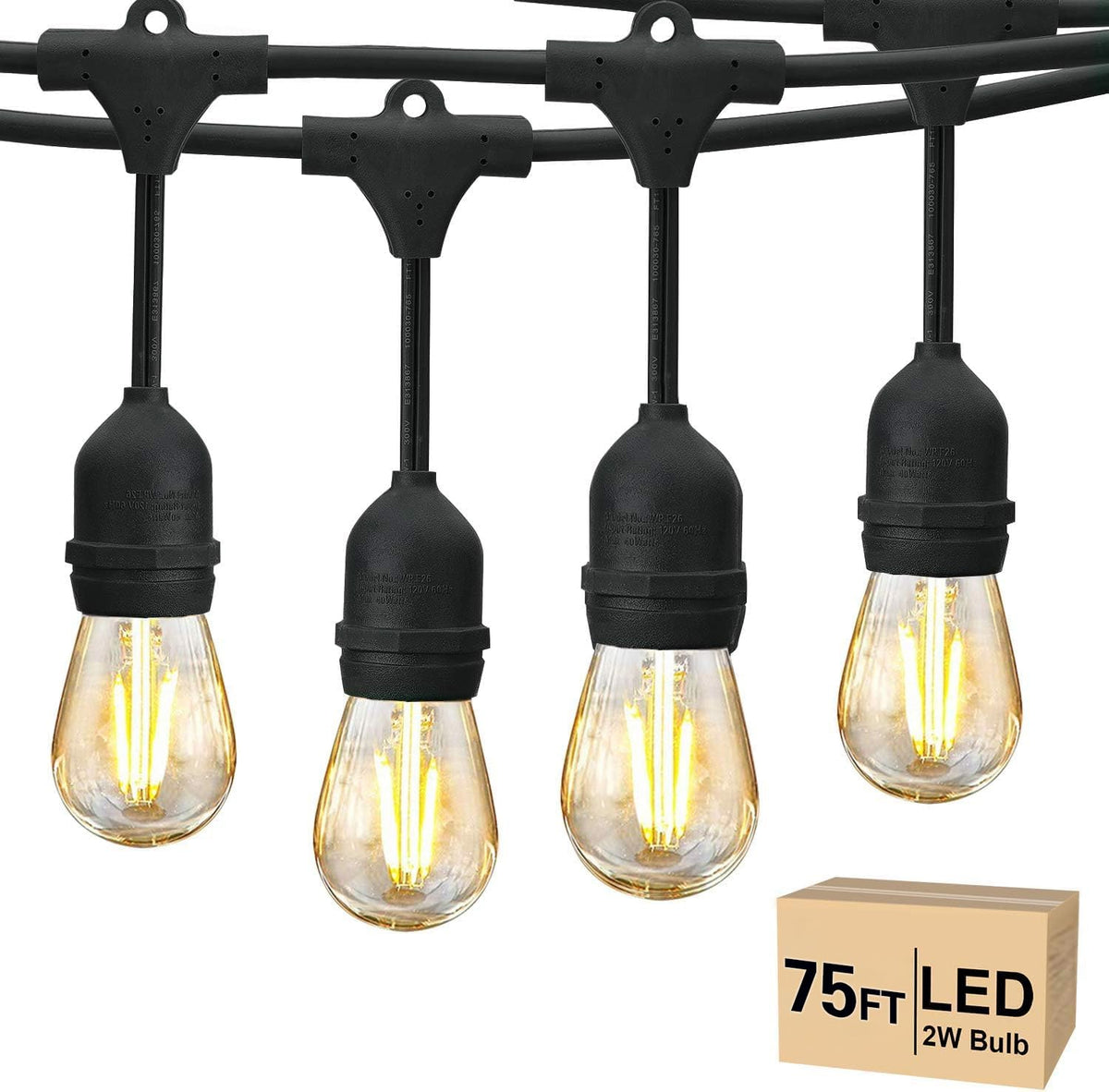 Svater 75 ft outdoor string lights with 26 LED S14 bulbs illuminating a cozy patio.