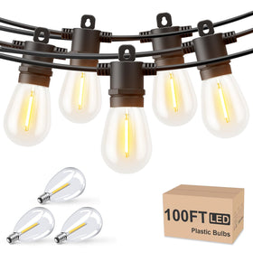 Svater outdoor string lights over a patio creating warm ambiance