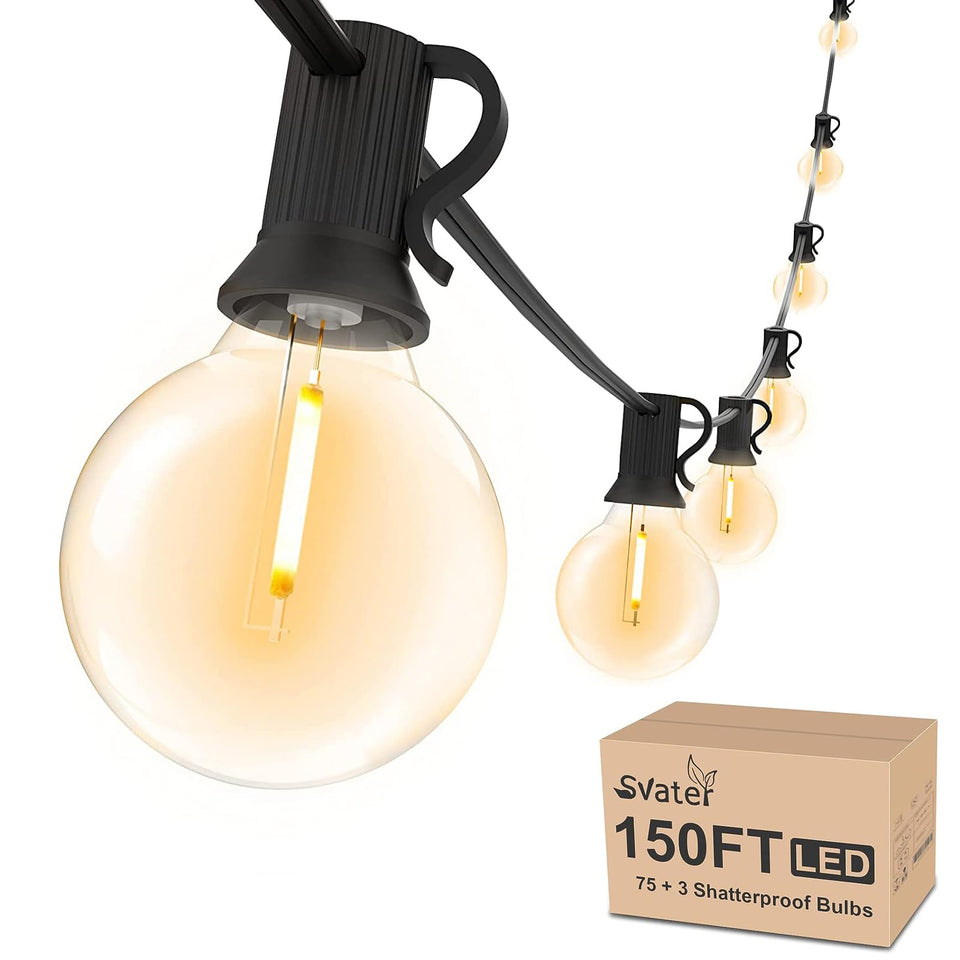 Svater outdoor string lights on patio showing 150 ft length for large spaces