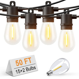 Svater outdoor string lights 50ft glow warmly to create inviting patio ambiance.