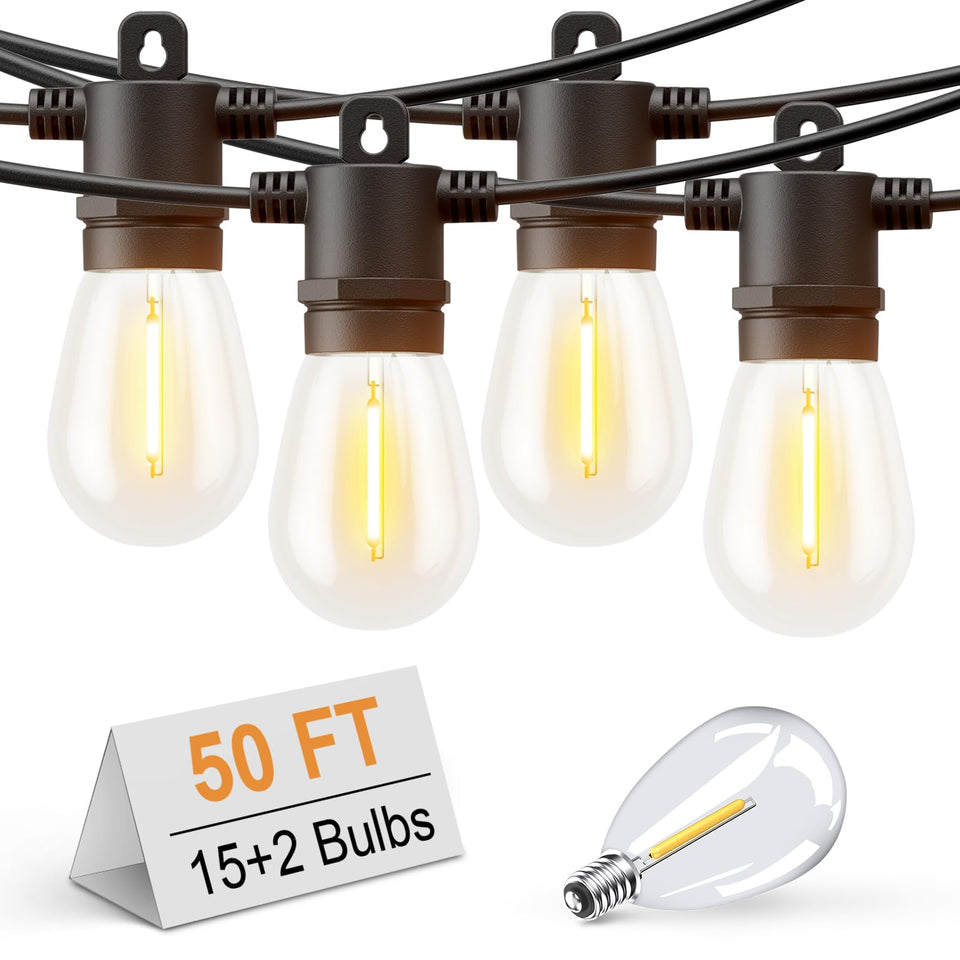 Svater outdoor string lights 50ft glow warmly to create inviting patio ambiance.