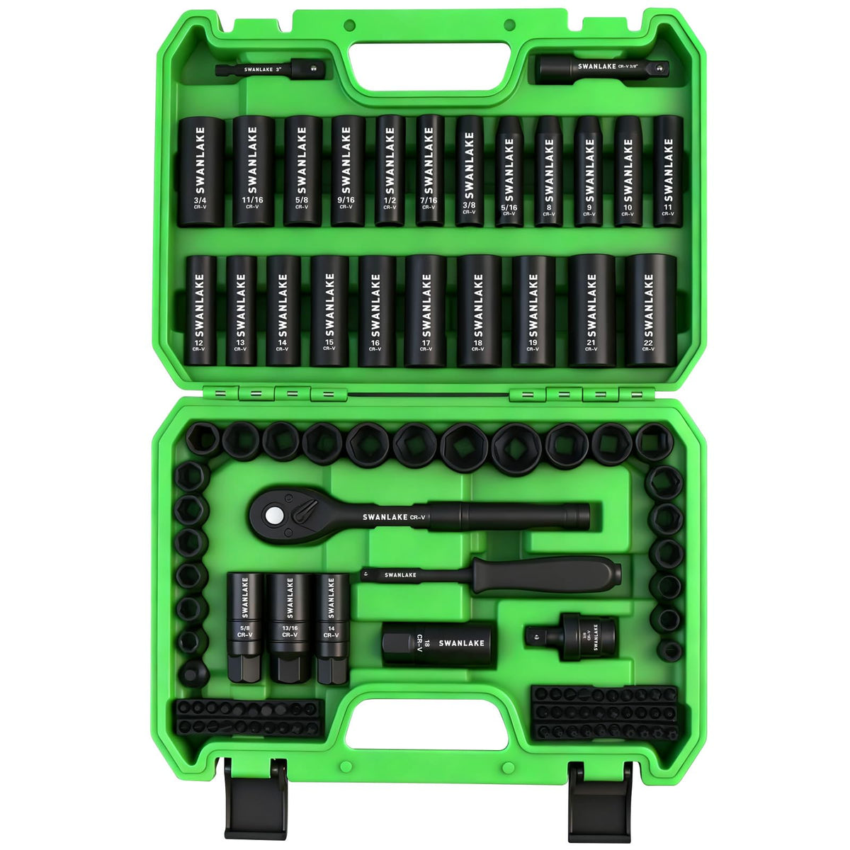 SWANLAKE 105-piece socket set in a durable case for quick tool access.