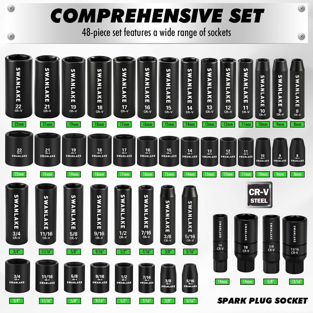 SWANLAKE metric and SAE sockets for versatile automotive fastener work.