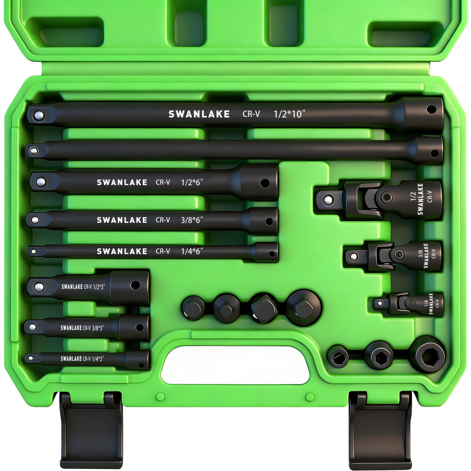 SWANLAKE 18-piece extension set showing extension bars for tight spaces.