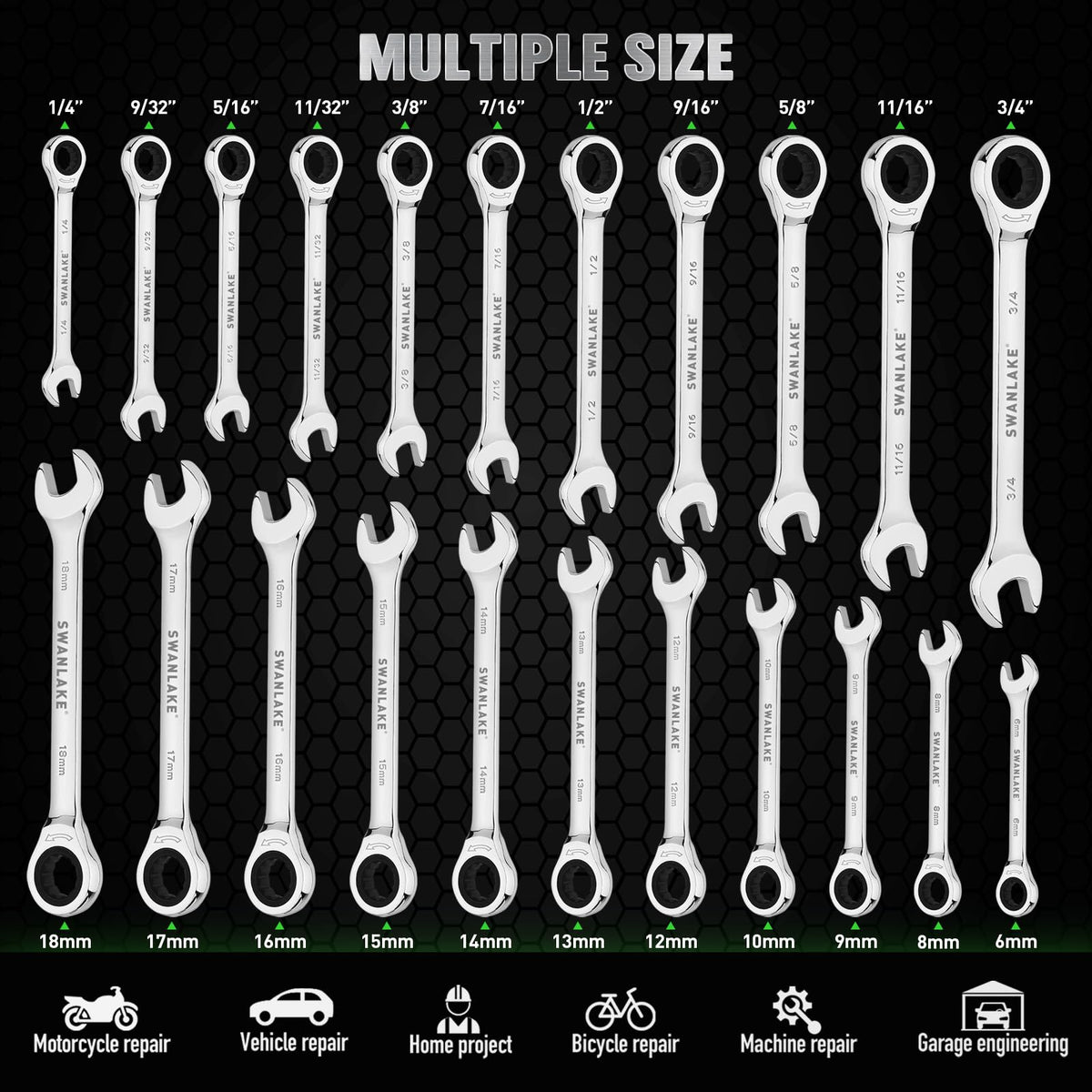 Swanlake wrench set with magnetic base keeps tools organized and within reach.