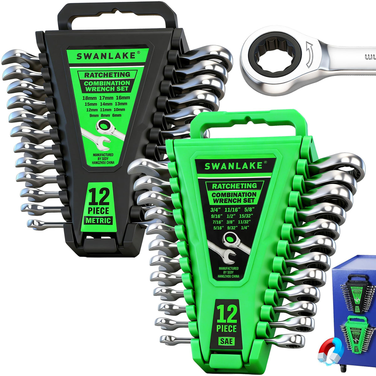 Swanlake 24-piece ratchet wrench set case for metric and SAE coverage.
