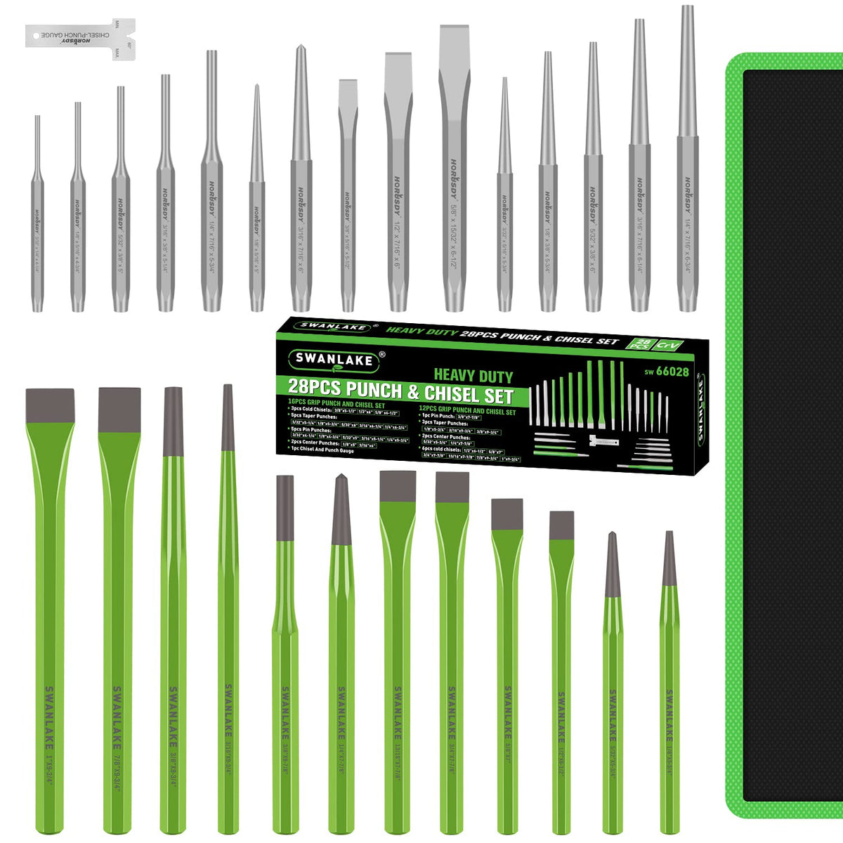 SWANLAKE 28-piece punch and chisel set with roll-up pouch for organized workshop storage.