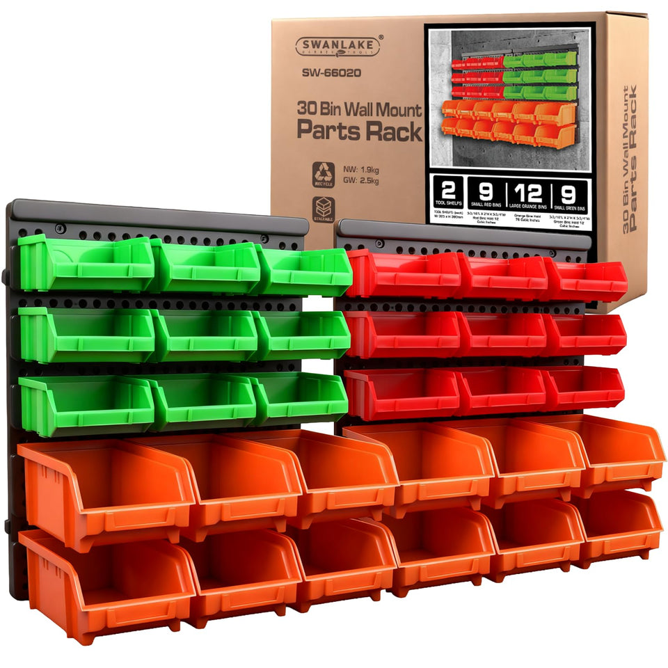 SWANLAKE 30-bin wall-mount organizer demonstrates space-saving garage storage.