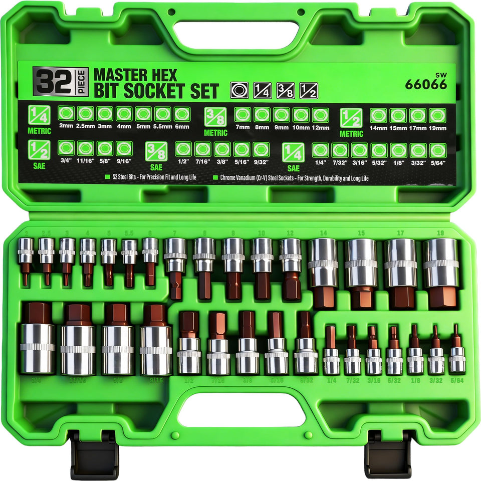 SWANLAKE 32-piece hex bit socket set case keeps tools organized for quick repairs.