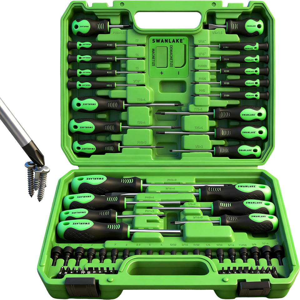 Swanlake 86pcs magnetic screwdriver set in an open toolbox, ready for transport