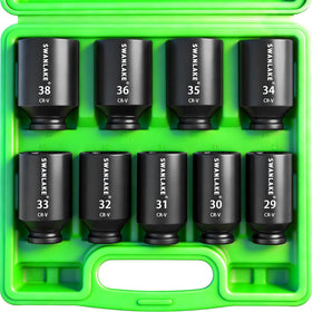 Swanlake 9-piece halfinch impact axle nut sockets in a sturdy case for high-torque wheel service.