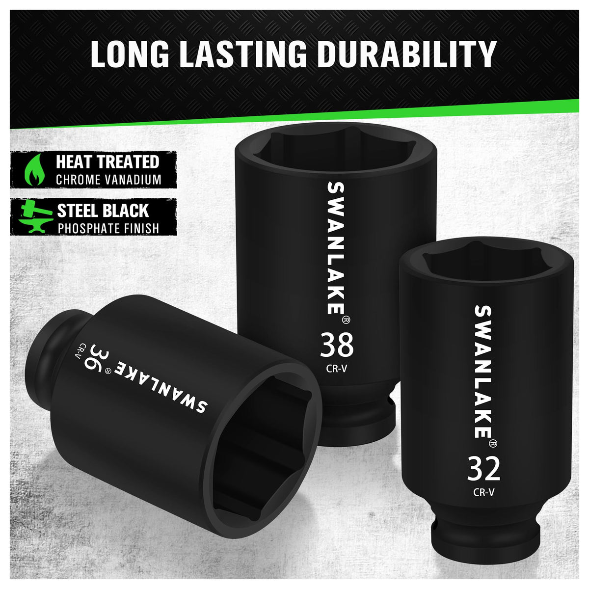 Swanlake 31mm deep socket with laser-etched markings for quick identification.