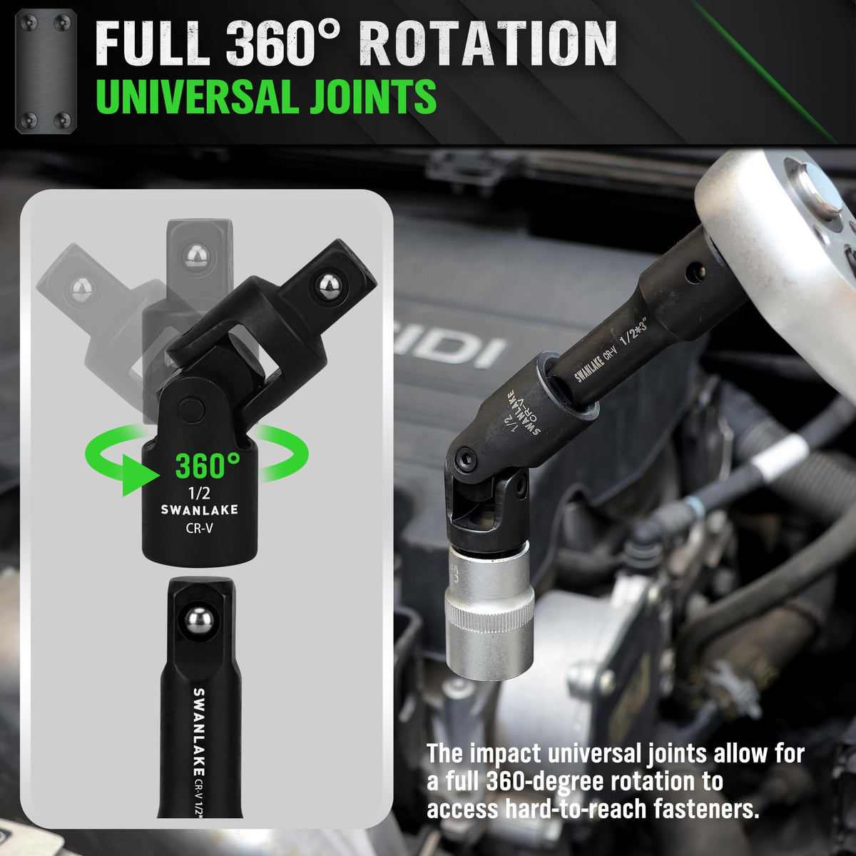 SWANLAKE deep-drive sockets with clearly marked sizes for quick identification.