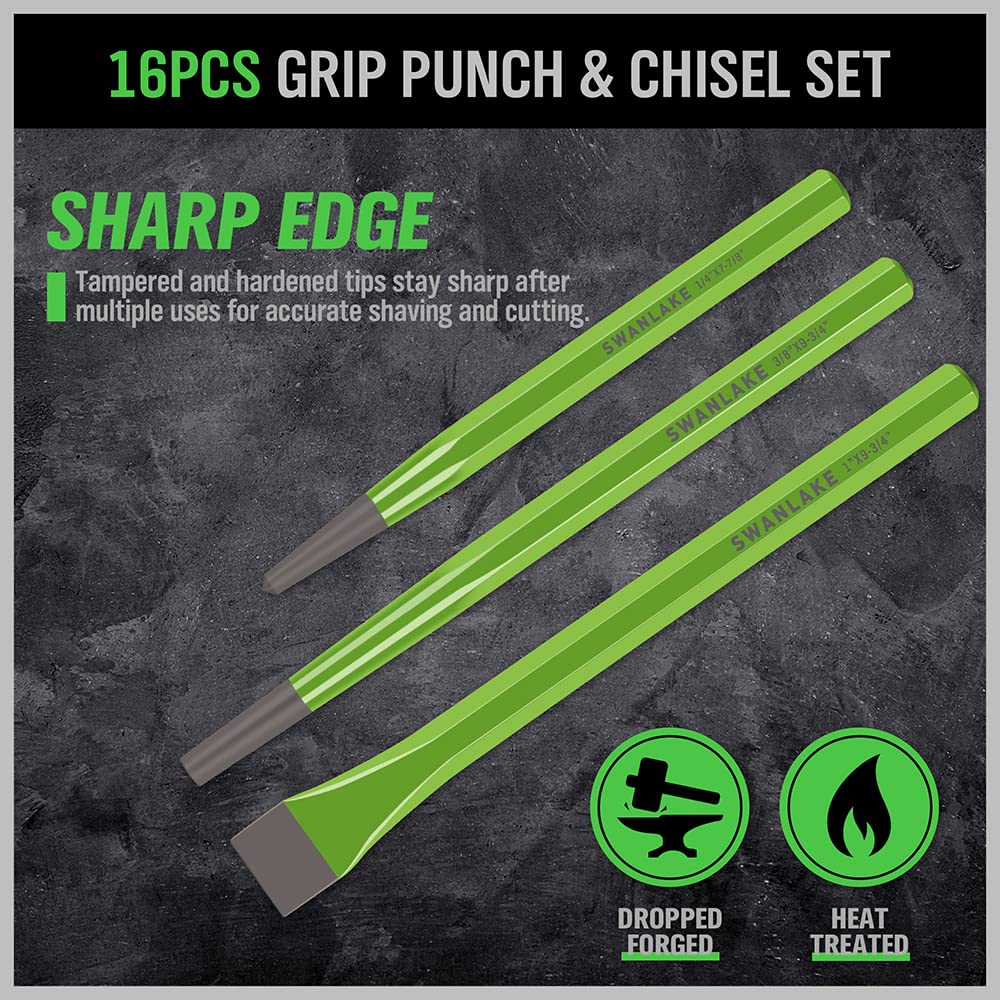 SWANLAKE flat cold chisel shows heat-treated CR-V steel for clean cuts.