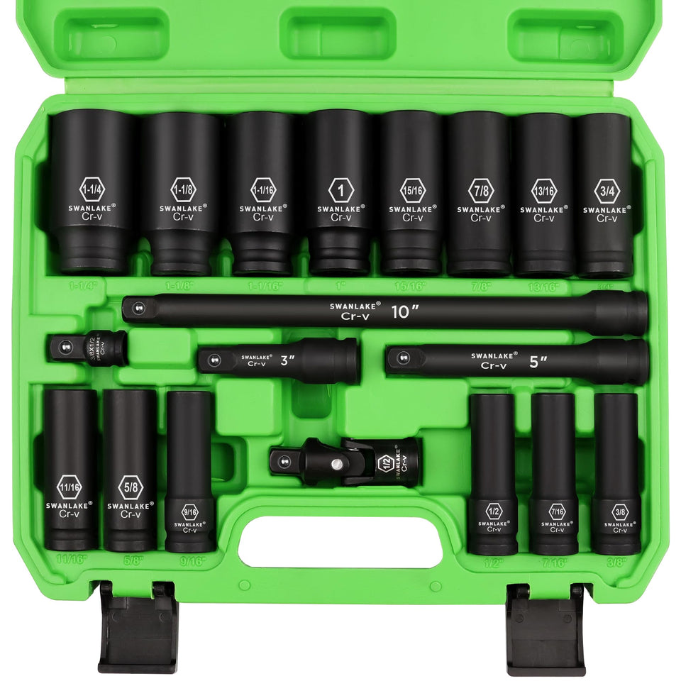 Swanlake socket set front view with deep sockets for heavy duty fasteners