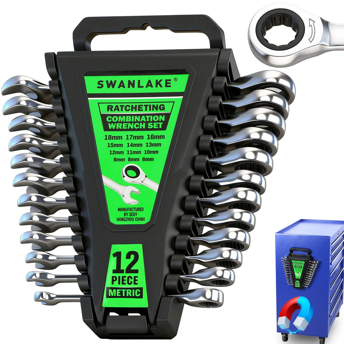 SWANLAKE GARDEN TOOLS 12-piece metric ratchet wrench set, 6-18mm, for automotive repairs