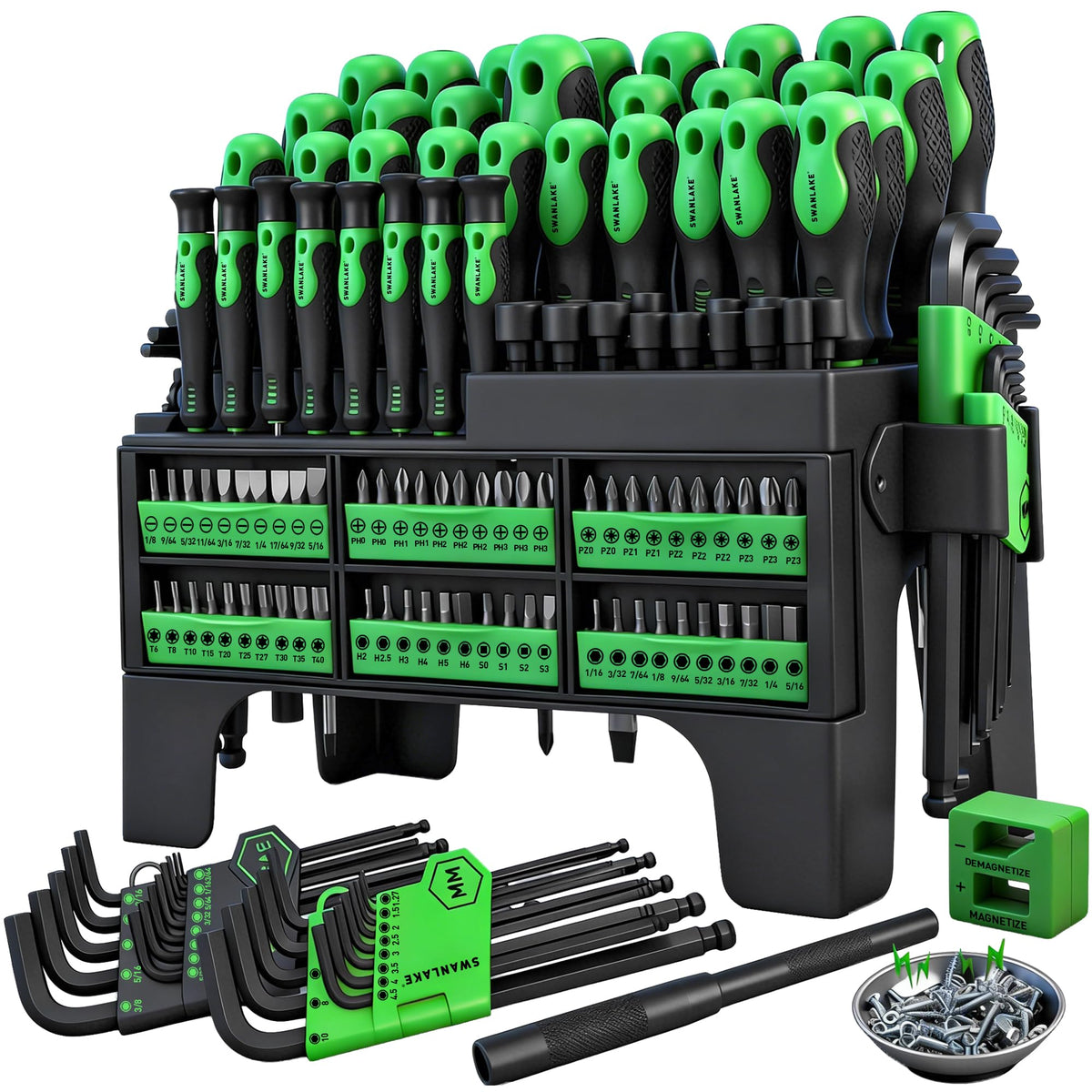 SWANLAKE GARDEN TOOLS 141-piece set shown with a structured rack for organized storage.