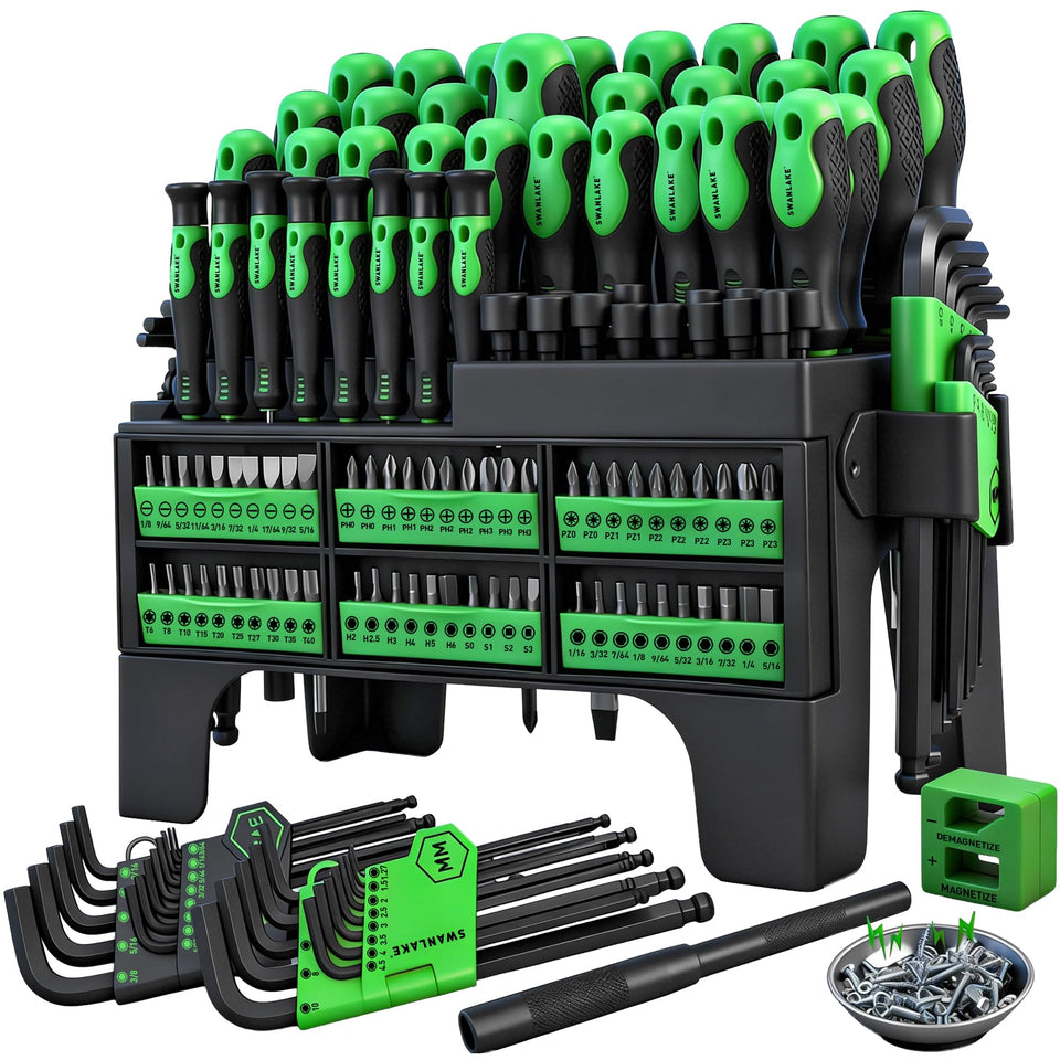 SWANLAKE GARDEN TOOLS 141-piece set shown with a structured rack for organized storage.