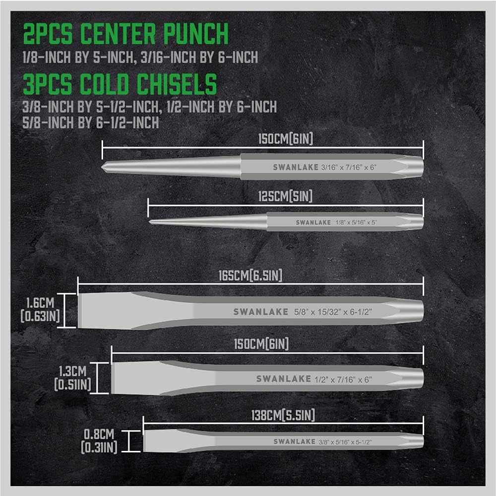 Swanlake 16-piece punch set made from heat-treated CV steel for durable performance.