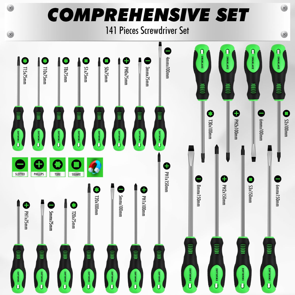 SWANLAKE 60-bit assortment enables versatile fastener compatibility.
