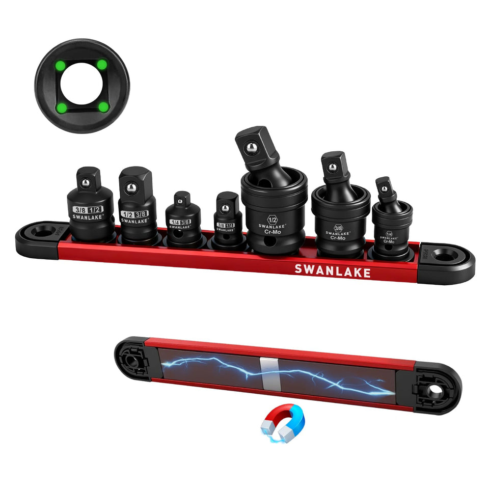 Swanlake Garden Tools 7-piece impact swivel sockets on aluminum rail for quick, organized access.