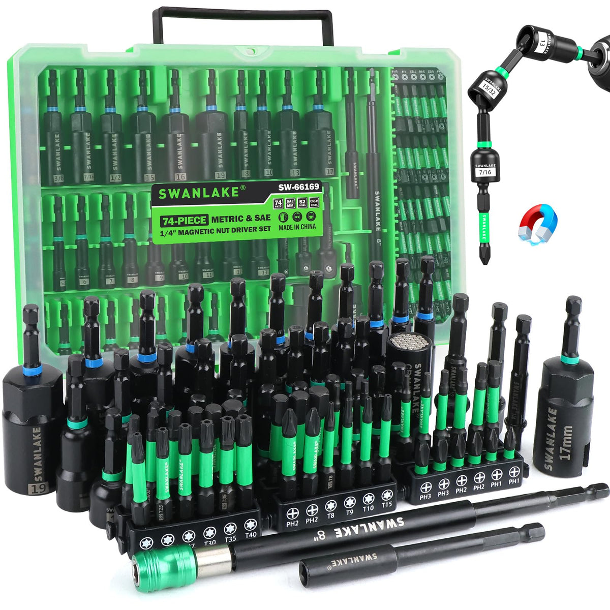 SWANLAKE GARDEN TOOLS 74-piece magnetic nut driver set organized for quick access
