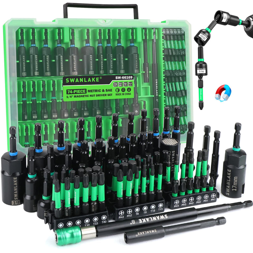 SWANLAKE GARDEN TOOLS 74-piece magnetic nut driver set organized for quick access