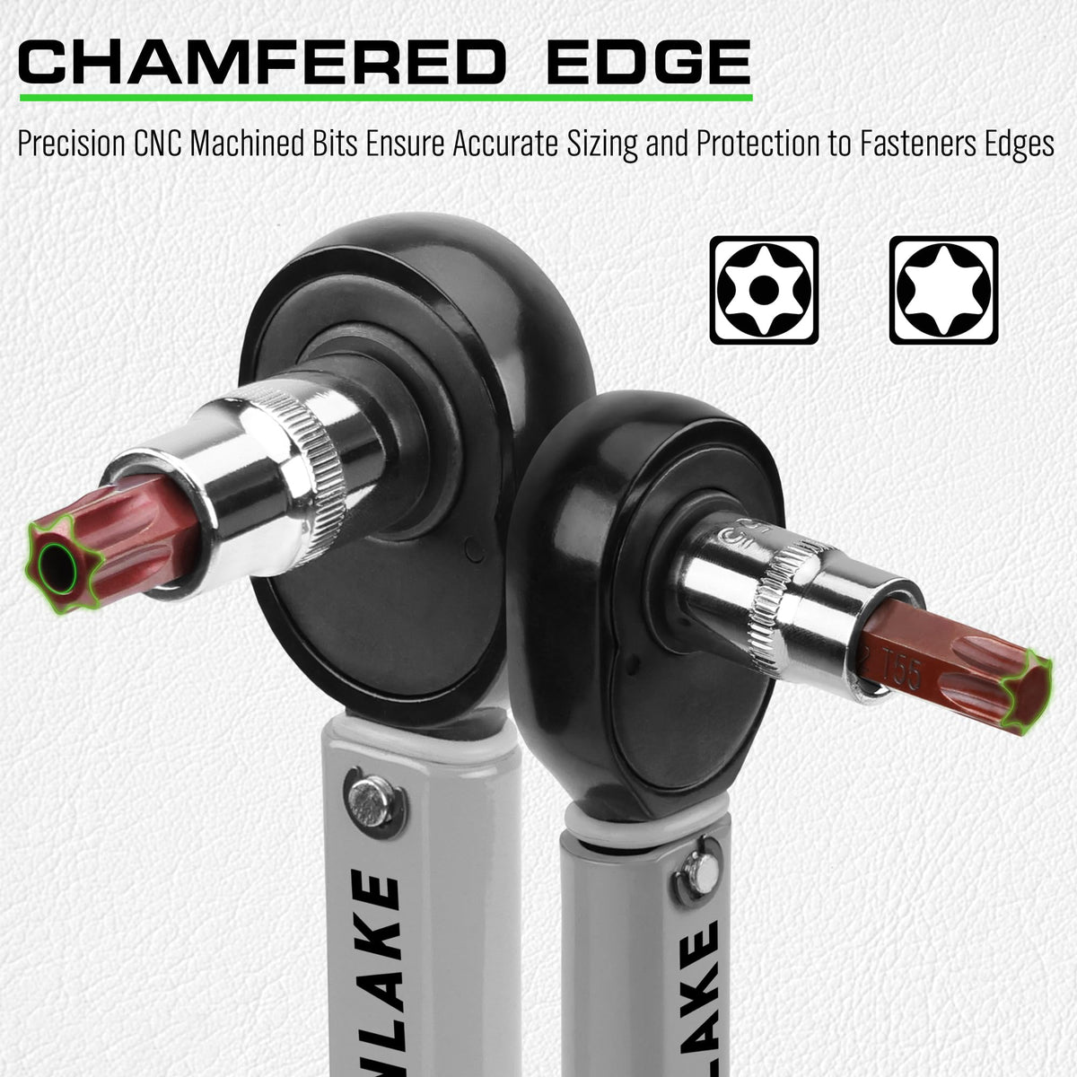 Swanlake chrome vanadium sockets; chrome-plated finish resists corrosion during tough jobs.