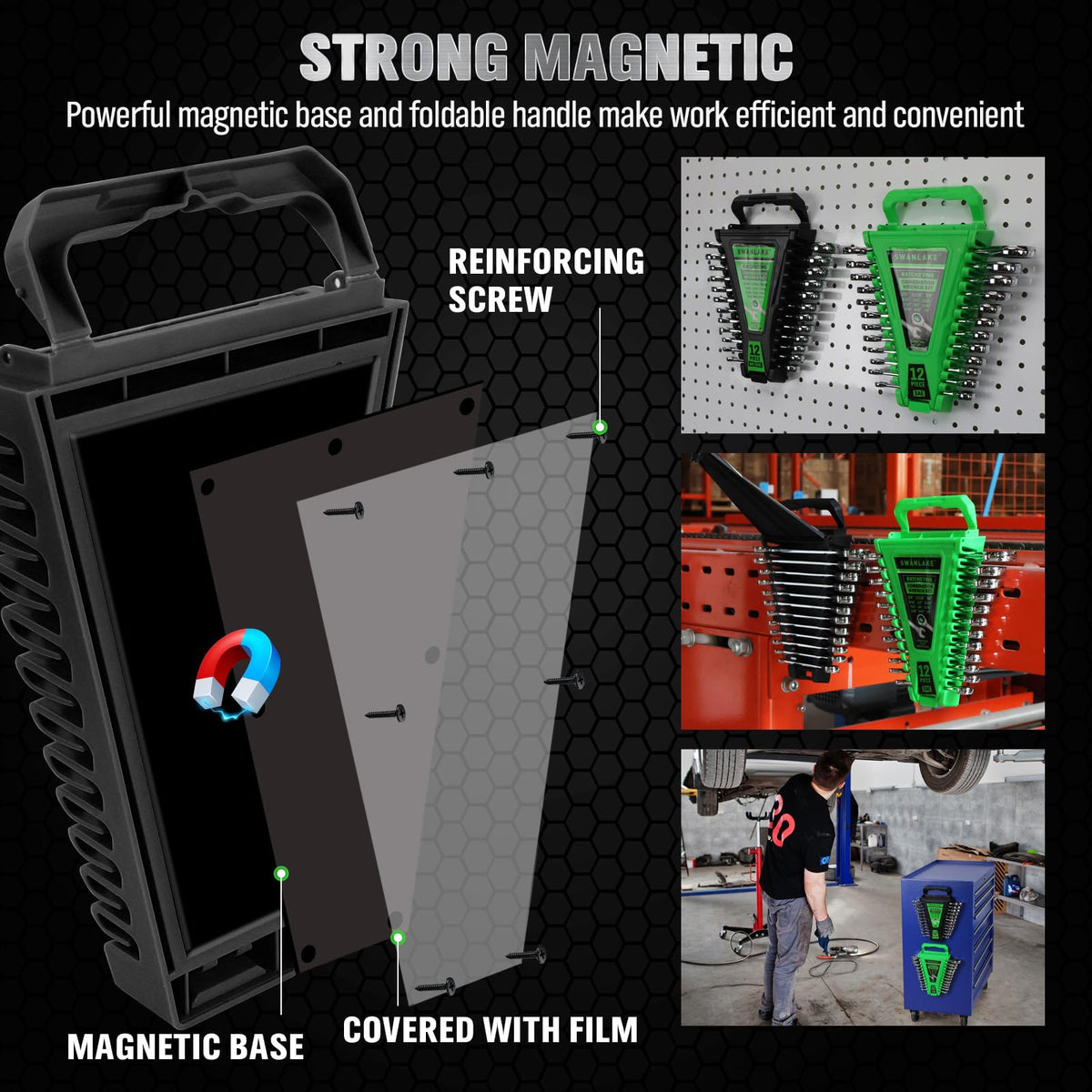 SWANLAKE GARDEN TOOLS magnetic base organizer securing wrenches on metal surface