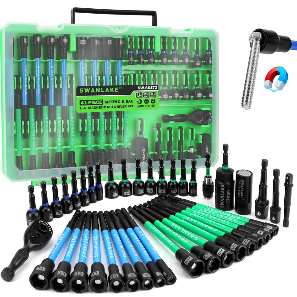 Swanlake Nut Driver Set with magnetic retention securely holds fasteners during impact drilling