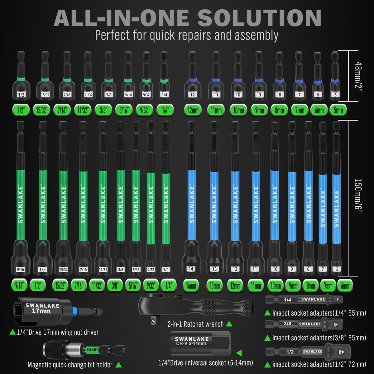 Metric and SAE nut drivers included for versatile automotive and mechanical tasks